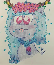Size: 3024x3634 | Tagged: safe, artist:jesslmc16, derpibooru import, izzy moonbow, unicorn, spoiler:g5, spoiler:winter wishday, antlers, bust, chest fluff, clothes, colored, colored pencil drawing, colored pencils, colored pupils, drawing, female, floral head wreath, flower, g5, image, jpeg, portrait, reindeer antlers, scarf, snow, snowflake, tongue out, traditional art, winter, winter outfit, winter wishday