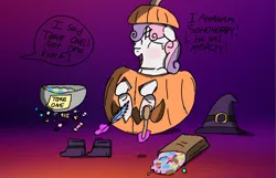 Size: 1285x828 | Tagged: safe, artist:princessdestiny200i, derpibooru import, sweetie belle, pony, unicorn, bag, blushing, boots, bowl, brush, candy, clothes, costume, eyes closed, feather, female, filly, foal, food, halloween, halloween costume, hat, holiday, hoof tickling, image, jack-o-lantern, jpeg, nightmare night, nightmare night costume, offscreen character, paper bag, pumpkin, shoes, solo, stocks, tickle torture, tickling, witch, witch hat