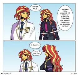 Size: 1988x1915 | Tagged: safe, artist:lzjian79, derpibooru import, sunset shimmer, equestria girls, clothes, dialogue, duo, female, human sunset, image, png, self paradox, speech bubble