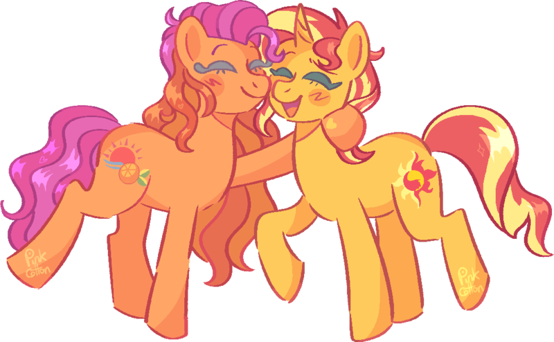 Size: 1073x663 | Tagged: safe, artist:troublelooksforme, derpibooru import, sunset shimmer, earth pony, pony, unicorn, blushing, cute, duo, eyes closed, female, g3, g3 to g4, g4, generation leap, image, png, simple background, tangerine sunset, transparent background