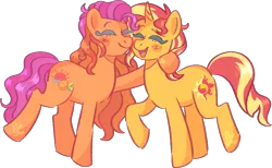 Size: 1073x663 | Tagged: safe, artist:troublelooksforme, derpibooru import, sunset shimmer, earth pony, pony, unicorn, blushing, cute, duo, eyes closed, female, g3, g3 to g4, g4, generation leap, image, png, simple background, tangerine sunset, transparent background