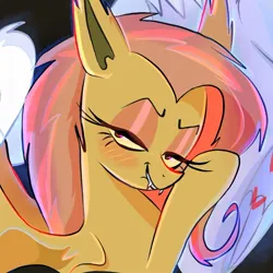 Size: 1080x1081 | Tagged: safe, artist:naquelinedelch2, derpibooru import, discord, fluttershy, bat pony, ghost, undead, bat ponified, bat wings, cropped, fangs, female, flutterbat, halloween, heart, holiday, image, instagram, jpeg, lip bite, looking at you, male, mischievous, offscreen character, race swap, solo focus, spirit, wings