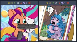 Size: 498x275 | Tagged: safe, derpibooru import, edit, edited screencap, idw, screencap, izzy moonbow, pipp petals, sunny starscout, zipp storm, earth pony, pegasus, pony, unicorn, derpibooru, twibooru, my little pony: a new generation, my little pony: tell your tale, spoiler:comic, spoiler:g5, spoiler:g5comic, spoiler:g5comic06, spoiler:my little pony: tell your tale, spoiler:tyts01e15, angry, bracelet, cursive writing, dialogue, emanata, eyes closed, female, filly, filly sunny starscout, foal, friendship bracelet, g5, gun, handgun, hashtag, image, implied pipp petals, insensitivity, jewelry, juxtaposition, juxtaposition win, making a foal of me, mare, meme, meta, mobile phone, offscreen character, open mouth, phone, pippbitch petals, pistol, png, smartphone, solo focus, speech bubble, weapon, yelling, younger