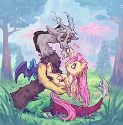Size: 500x511 | Tagged: safe, artist:bloomellaa, derpibooru import, discord, fluttershy, draconequus, pegasus, pony, boop, chest fluff, discoshy, ear fluff, female, flower, fluffy, grass, holding a pony, image, male, outdoors, png, shipping, straight, tree, tumblr, wings