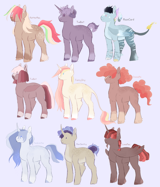 Size: 1280x1504 | Tagged: safe, artist:ponymaws, derpibooru import, oc, unofficial characters only, alicorn, bat pony, bat pony unicorn, earth pony, hybrid, pony, unicorn, bat pony oc, bat wings, ethereal mane, female, glasses, horn, image, interspecies offspring, leonine tail, male, mare, offspring, parent:big macintosh, parent:cheese sandwich, parent:discord, parent:fancypants, parent:flash sentry, parent:fluttershy, parent:night guard, parent:pinkie pie, parent:princess celestia, parent:princess luna, parent:rainbow dash, parent:rarity, parent:twilight sparkle, parents:cheesepie, parents:discodash, parents:fancestia, parents:fancyshy, parents:fluttermac, parents:lunamac, parents:sentrity, png, stallion, starry mane, tail, wings