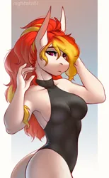 Size: 789x1280 | Tagged: safe, artist:nightskrill, derpibooru import, oc, oc:astra, unofficial characters only, anthro, earth pony, breasts, clothes, earth pony oc, female, hips, image, jpeg, leotard, sideboob, skintight clothes, solo, thighs, thong leotard, two toned mane