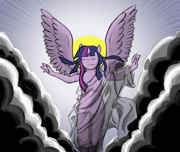 Size: 2948x2496 | Tagged: safe, artist:phillypu, derpibooru import, twilight sparkle, twilight sparkle (alicorn), alicorn, anthro, breasts, cloth, cloud, eyes closed, featureless breasts, female, fine art parody, image, nimbus, png, solo