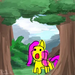 Size: 2000x2000 | Tagged: safe, artist:phillypu, derpibooru import, fluttershy, pegasus, pony, forest, image, open mouth, png, quality, solo, tree