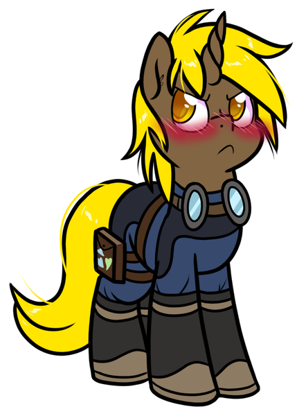 Size: 730x990 | Tagged: safe, artist:paperbagpony, derpibooru import, oc, oc:golden gear, unicorn, blushing, boots, clothes, goggles, horn, image, png, shoes, simple background, unicorn oc, white background