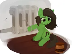 Size: 2160x1625 | Tagged: safe, artist:some_ponu, derpibooru import, oc, oc:anon, oc:anonfilly, unofficial characters only, crying, cuffs, female, food, image, peanut butter, png, radiator, solo