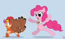 Size: 5161x3135 | Tagged: safe, artist:ponykittenboi, derpibooru import, pinkie pie, scootaloo, earth pony, pegasus, pony, bib, bipedal, cute, cutealoo, diapinkes, fork, funny, holiday, hoof hold, hungry, image, implied ponies eating meat, knife, meat, png, ponies wanting to eat meat, running, scootachicken, scootaturkey, silly, thanksgiving, turkey costume