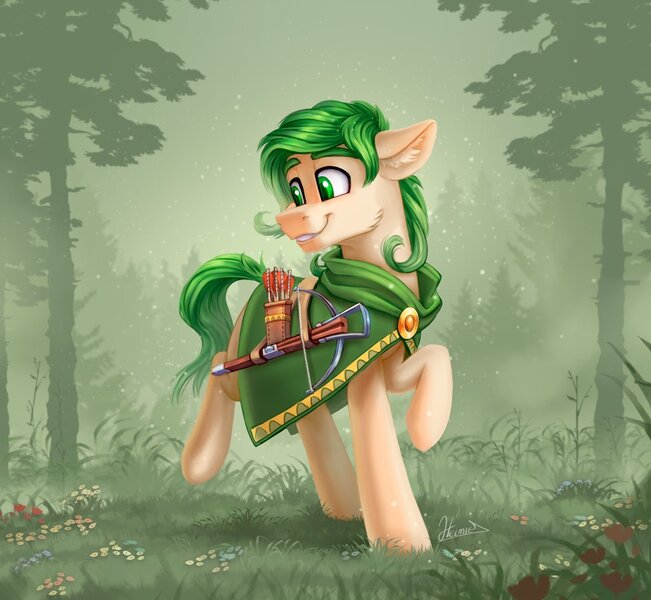 Size: 1200x1106 | Tagged: safe, artist:helmie-art, derpibooru import, oc, oc:lodvik, earth pony, pony, arrow, background, bolt, cloak, clothes, crossbow, flower, forest, green eyes, green mane, green tail, grin, image, jpeg, raised hoof, smiling, solo, tail, tree