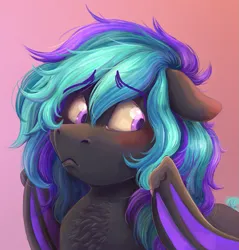 Size: 1301x1363 | Tagged: safe, artist:eggoatt, oc, unnamed oc, unofficial characters only, bat pony, pony, blushing, bust, floppy ears, gradient background, image, looking to side, nervous, png, portrait