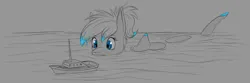 Size: 2400x800 | Tagged: safe, artist:stray prey, derpibooru import, oc, oc:lacera viscera, unofficial characters only, original species, pony, shark, shark pony, boat, dorsal fin, female, image, macro, png, solo, tail, water