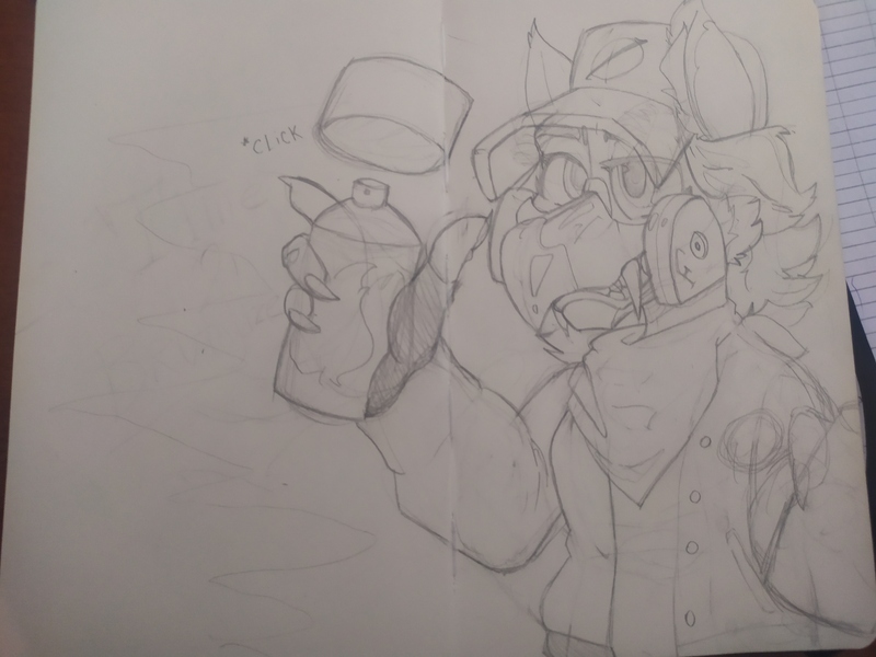 Size: 4000x3000 | Tagged: safe, artist:xasslash, derpibooru import, oc, oc:flynn the icecold, unofficial characters only, gryphon, bandana, cap, clothes, hat, image, jpeg, male, mask, photo, respirator, sketch, solo, spray paint, traditional art