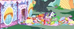 Size: 2720x1080 | Tagged: safe, composite screencap, derpibooru import, edit, edited screencap, screencap, rarity, spike, dragon, unicorn, inspiration manifestation, carousel boutique, clothes, corrupted, dress, green magic, hat, image, inspirarity, levitation, magic, open door, pile, png, possessed, telekinesis, tree