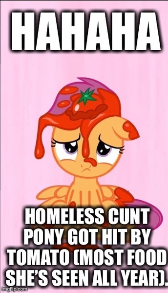 Size: 367x640 | Tagged: safe, derpibooru import, edit, edited screencap, screencap, scootaloo, pegasus, one bad apple, abuse, babs seed song, caption, cropped, dumbass, food, hahaha, hatred for scootaloo (justified), hilarious, homeless, image, image macro, implied babs seed, implied starvation, jpeg, lol, sad, scootabuse, shitty pony, stupid cunt, text, tomato, unloved filly, vulgar, wtf