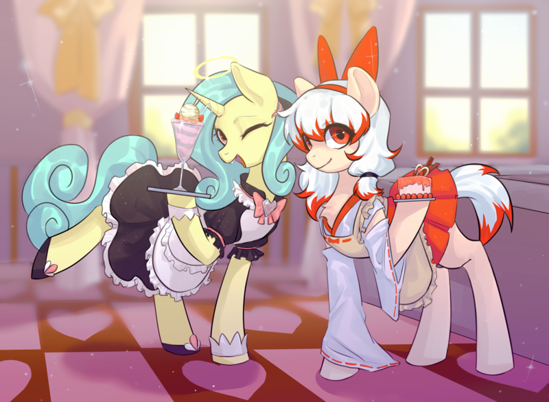 Size: 3268x2392 | Tagged: artist needed, safe, derpibooru import, oc, oc:cunbenmapleleaf, oc:seven sister, earth pony, unicorn, clothes, image, maid, one eye closed, open mouth, open smile, png, smiling, waitress, wink