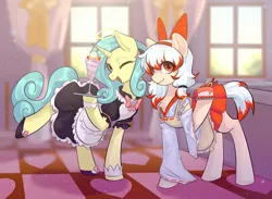 Size: 3268x2392 | Tagged: artist needed, safe, derpibooru import, oc, oc:cunbenmapleleaf, oc:seven sister, earth pony, unicorn, clothes, image, maid, one eye closed, open mouth, open smile, png, smiling, waitress, wink