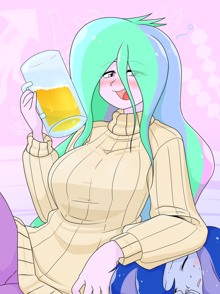 Size: 1668x2224 | Tagged: safe, artist:batipin, derpibooru import, princess celestia, princess luna, human, equestria girls, alcohol, beer, blushing, breasts, clothes, drunk, drunklestia, duo, duo female, eye clipping through hair, eyebrows, eyebrows visible through hair, eyes closed, female, image, open mouth, png, principal celestia, royal sisters, siblings, sisters, sweater, vice principal luna