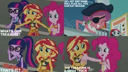 Size: 4400x2475 | Tagged: safe, derpibooru import, edit, edited screencap, editor:quoterific, screencap, carrot bun, pinkie pie, sci-twi, sunset shimmer, twilight sparkle, equestria girls, equestria girls series, x marks the spot, clothes, image, png, swimsuit
