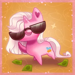 Size: 5000x5000 | Tagged: safe, artist:irinamar, derpibooru import, oc, oc:sweet bronco, unofficial characters only, pony, unicorn, awww, bills, blushing, chibi, commission, commission result, cool, cute, daaaaaaaaaaaw, digital art, full body, glasses, horn, image, looking at you, male, money, png, simple background, smiling, smiling at you, solo, sparkles, stallion, sunglasses, unicorn oc