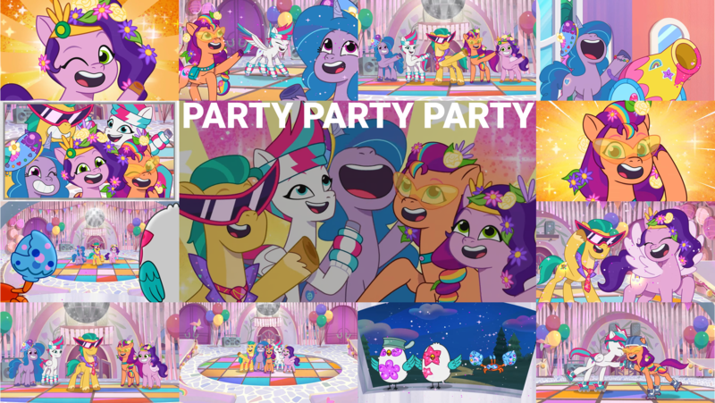 Size: 1975x1113 | Tagged: safe, derpibooru import, edit, edited screencap, editor:quoterific, screencap, hitch trailblazer, izzy moonbow, pipp petals, sunny starscout, zipp storm, bird, seagull, my little pony: tell your tale, spoiler:g5, spoiler:my little pony: tell your tale, spoiler:tyts01e25, g5, image, mane five (g5), mcsnips-a-lot, png, pony partay