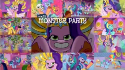 Size: 2000x1125 | Tagged: safe, derpibooru import, edit, edited screencap, editor:quoterific, screencap, hitch trailblazer, izzy moonbow, nightmare moon, pipp petals, sunny starscout, g5, my little pony: tell your tale, spoiler:g5, spoiler:my little pony: tell your tale, spoiler:tyts01e30, clothes, cosplay, costume, glory (g5), image, jazz (g5), misty brightdawn, nightmare moon armor, nightmare night costume, nightmare night party, nightmare sunny, peach fizz, pippsqueak trio, png, rufus (g5), seashell (g5)