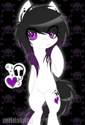 Size: 1700x2500 | Tagged: safe, artist:zeffdakilla, derpibooru import, oc, unnamed oc, unofficial characters only, earth pony, pony, black mane, ear piercing, earring, emo, holding hair, holding mane, image, jewelry, lip piercing, looking at you, piercing, png, purple eyes, raised hoof, solo, standing, white fur