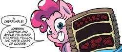 Size: 1334x574 | Tagged: safe, artist:jay fosgitt, derpibooru import, idw, pinkie pie, earth pony, pony, friends forever, spoiler:comic, cake, dialogue, female, food, g4, image, jpeg, mare, simple background, solo, speech bubble, white background