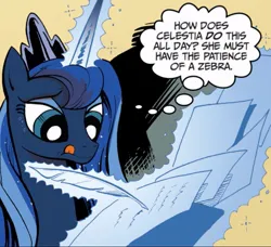 Size: 823x750 | Tagged: safe, artist:andypriceart, derpibooru import, idw, princess luna, alicorn, pony, idw micro series, spoiler:comic, female, g4, image, jpeg, levitation, magic, mare, micro-series, paper, quill, solo, telekinesis, thought bubble