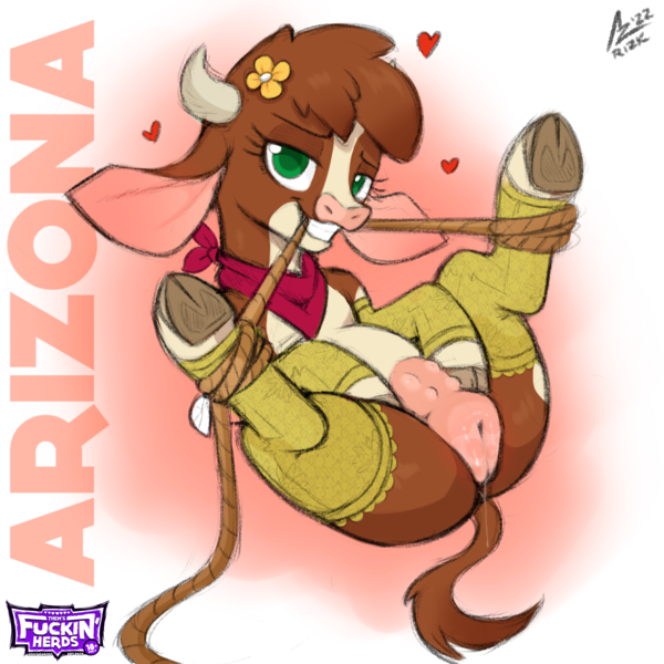 Size: 2000x2000 | Tagged: explicit, artist:aer0 zer0, arizona cow, cow, art pack:them's fuckin' herds, them's fightin' herds, anatomically correct, bedroom eyes, bondage, clothes, cloven hooves, community related, female, flower, flower in hair, heart, image, leg warmers, looking at you, mouth hold, neckerchief, nudity, png, puffy vulva, rope, rope bondage, socks, solo, solo female, spread legs, spreading, thigh highs, udder, underhoof, vaginal secretions, vulva
