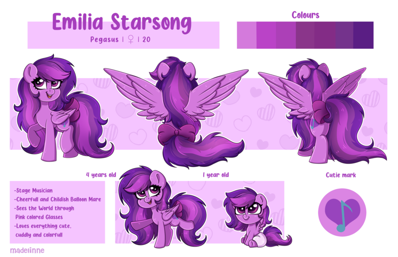 Size: 2800x1809 | Tagged: safe, artist:madelinne, derpibooru import, oc, oc:emilia starsong, unofficial characters only, pegasus, pony, baby, cheerful, female, image, mare, open mouth, open smile, pink, png, purple, reference sheet, simple background, smiling