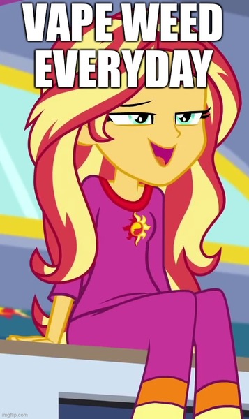 Size: 534x898 | Tagged: safe, derpibooru import, screencap, sunset shimmer, equestria girls, equestria girls series, sunset's backstage pass!, spoiler:eqg series (season 2), caption, clothes, cropped, drugs, high, image, image macro, implied drug use, jpeg, marijuana, pajamas, solo, text, vape