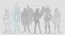 Size: 4636x2502 | Tagged: safe, artist:itssilver, derpibooru import, oc, oc:aux luminance, oc:blaze, oc:phase, oc:shining amber, oc:silver, oc:stormbringer, unofficial characters only, human, equestria girls, horn, horned humanization, humanized, image, png, ponied up, simple background, sketch, winged humanization, wings