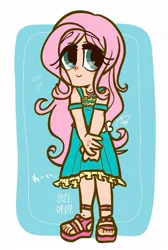 Size: 785x1165 | Tagged: safe, artist:oc_ponys, derpibooru import, fluttershy, human, blushing, clothes, dress, eyebrows, eyebrows visible through hair, female, full body, humanized, image, japanese, jpeg, looking away, moon runes, no nose, sandals, shy, solo, standing