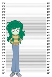 Size: 938x1384 | Tagged: safe, derpibooru import, edit, screencap, wallflower blush, equestria girls, arrested, clothes, cuffs, handcuffed, hands behind back, image, looking down, mugshot, png, size chart, size comparison, solo