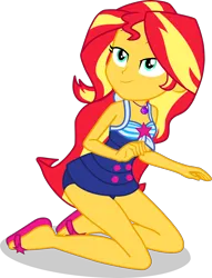 Size: 2482x3252 | Tagged: safe, alternate version, artist:dustinwatsongkx, derpibooru import, sunset shimmer, human, equestria girls, accessory swap, bare shoulders, clothes, female, image, one-piece swimsuit, png, sandals, sci-twi swimsuit, simple background, sleeveless, solo, swimsuit, swimsuit swap, transparent background