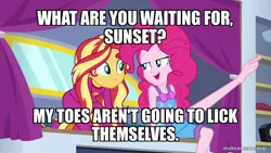 Size: 800x450 | Tagged: suggestive, derpibooru import, edit, edited screencap, screencap, pinkie pie, sunset shimmer, equestria girls, equestria girls series, sunset's backstage pass!, spoiler:eqg series (season 2), caption, clothes, feet, fetish, foot fetish, image, image macro, pajamas, png, text