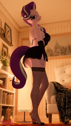 Size: 2160x3840 | Tagged: suggestive, artist:loveslove, derpibooru import, starlight glimmer, anthro, plantigrade anthro, unicorn, 3d, ass, black bra, black underwear, bookshelf, bra, breasts, busty starlight glimmer, butt, chair, clothes, female, fishnet clothing, flower, high res, horn, image, looking at you, miniskirt, nail polish, painting, png, potted plant, schrödinger's pantsu, see-through, skirt, smiling, smiling at you, socks, solo, solo female, stockings, tail, thigh highs, underwear
