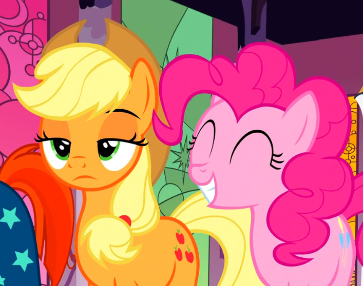 Size: 707x558 | Tagged: safe, derpibooru import, screencap, applejack, pinkie pie, sunburst, earth pony, pony, unicorn, season 7, shadow play, ^^, applejack is not amused, cloak, clothes, cropped, cute, diapinkes, eyes closed, female, image, jpeg, lidded eyes, male, mare, offscreen character, stallion, sunburst's cloak, trio, unamused, varying degrees of amusement