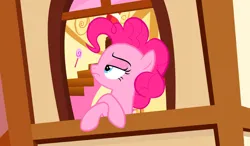 Size: 980x572 | Tagged: safe, derpibooru import, screencap, pinkie pie, earth pony, pony, season 7, secrets and pies, female, image, implied rainbow dash, jpeg, mare, pinkie pie is not amused, raised eyebrow, solo, sugarcube corner, unamused