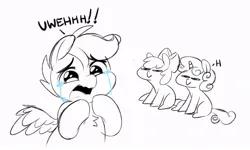 Size: 819x491 | Tagged: safe, artist:higgly-chan, derpibooru import, apple bloom, scootaloo, sweetie belle, earth pony, pegasus, pony, unicorn, crying, cutie mark crusaders, image, jpeg, monochrome, sketch, sobbing