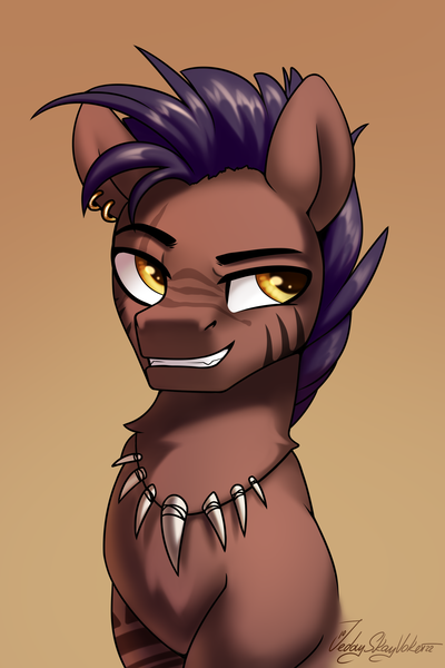 Size: 2000x3000 | Tagged: safe, artist:jedayskayvoker, derpibooru import, oc, oc:tiger blood, pony, bust, chest fluff, ear piercing, eyebrows, fangs, gradient background, icon, image, jewelry, male, necklace, patreon, patreon reward, piercing, png, portrait, scar, solo, stallion, stripes, tattoo