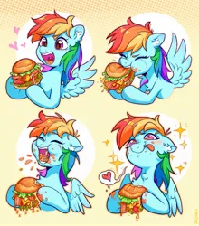 Size: 1799x2048 | Tagged: safe, artist:千雲九枭, derpibooru import, rainbow dash, pegasus, pony, abstract background, bacon, cheese, eating, female, floating heart, floppy ears, food, heart, image, jpeg, lettuce, licking, licking lips, meat, messy eating, open mouth, ponies eating meat, sandwich, solo, starry eyes, tomato, tongue out, wingding eyes