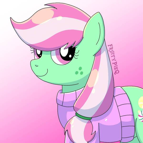 Size: 1000x1000 | Tagged: safe, artist:shycookieq, derpibooru import, minty, earth pony, pony, clothes, female, g1, g1 to g4, g4, generation leap, gradient background, image, jpeg, solo, sweater