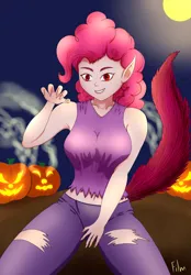 Size: 2350x3380 | Tagged: safe, artist:film77asq, derpibooru import, pinkie pie, werewolf, equestria girls, breasts, busty pinkie pie, clothes, female, halloween, holiday, image, jack-o-lantern, png, pumpkin, solo, torn clothes