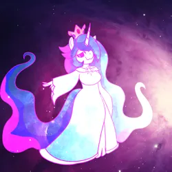 Size: 1000x1000 | Tagged: safe, artist:sugartanuki, derpibooru import, princess celestia, anthro, unicorn, clothes, cosmic, crown, dress, female, image, jewelry, long hair, png, purple, regalia, rosalina (mario), smiling, solo, solo female, space, stars