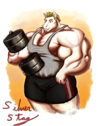 Size: 943x1200 | Tagged: suggestive, artist:silver-stag, derpibooru import, bulk biceps, anthro, barbell, ear piercing, facial hair, goatee, image, male, muscles, muscular male, overdeveloped muscles, piercing, png, solo, solo male, weights