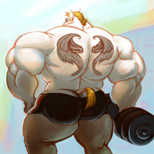 Size: 1000x1000 | Tagged: suggestive, artist:silver-stag, derpibooru import, bulk biceps, anthro, ass, barbell, butt, ear piercing, image, locker room, male, muscles, muscular male, overdeveloped muscles, piercing, png, rear view, solo, solo male, tattoo, weights